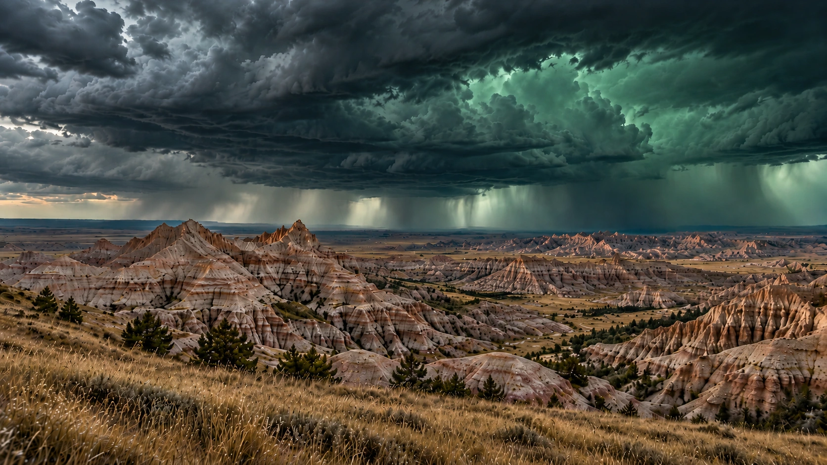 Approved artistic panoramic illustration of Badlands National Park, not a documentary photograph
