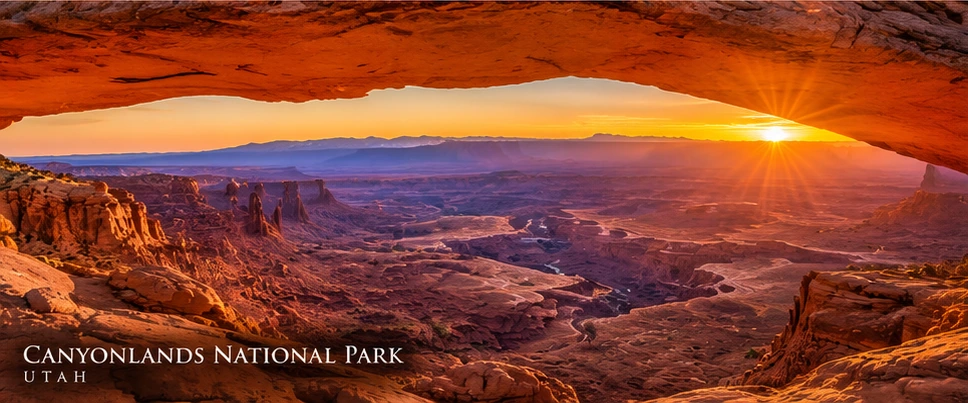 Approved artistic panoramic illustration of Canyonlands National Park, not a documentary photograph