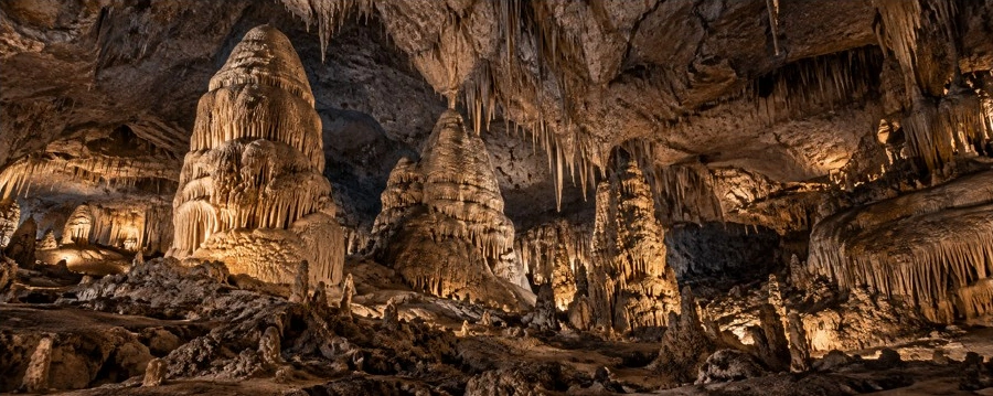 Approved artistic panoramic illustration of Carlsbad Caverns National Park, not a documentary photograph