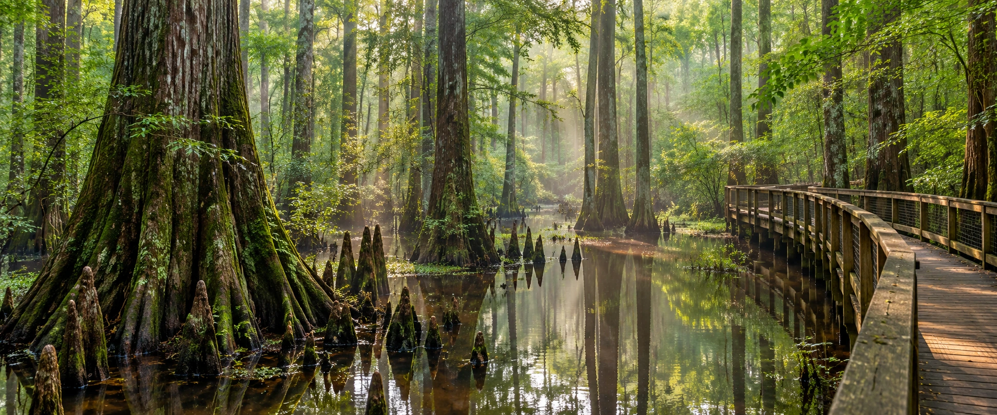 Approved artistic panoramic illustration of Congaree National Park, not a documentary photograph