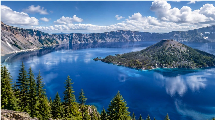 Approved artistic panoramic illustration of Crater Lake National Park, not a documentary photograph
