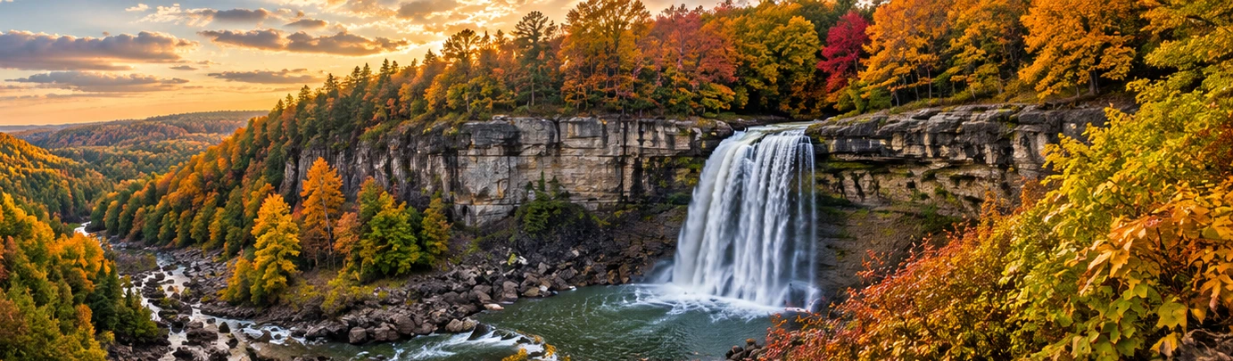 Approved artistic panoramic illustration of Cuyahoga Valley National Park, not a documentary photograph
