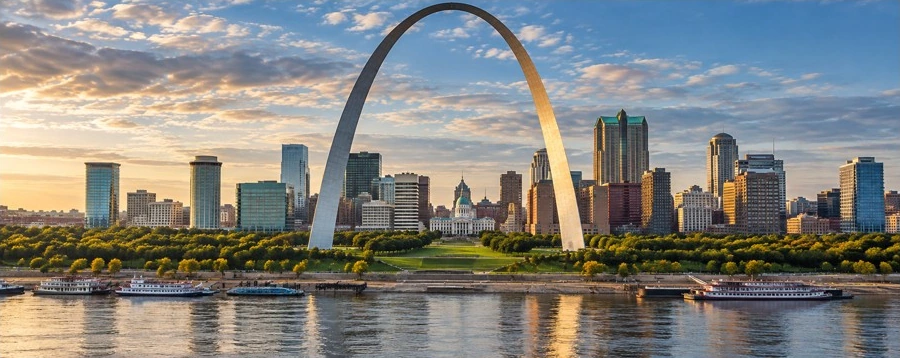 Approved artistic panoramic illustration of Gateway Arch National Park, not a documentary photograph