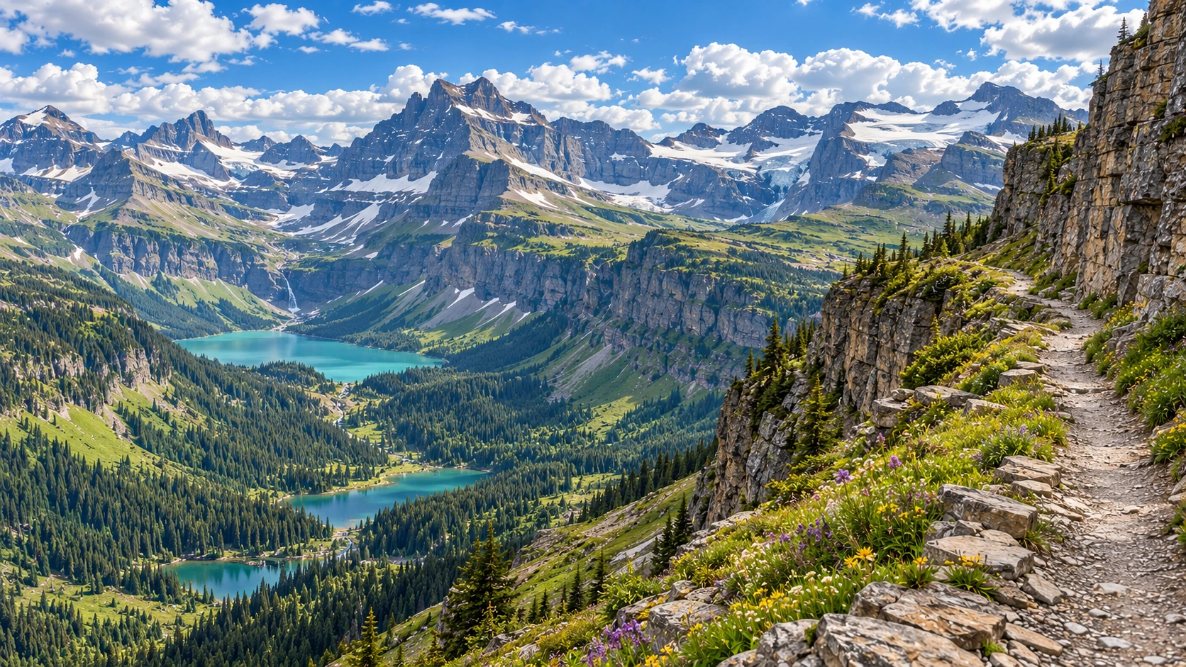 Approved artistic panoramic illustration of Glacier National Park, not a documentary photograph