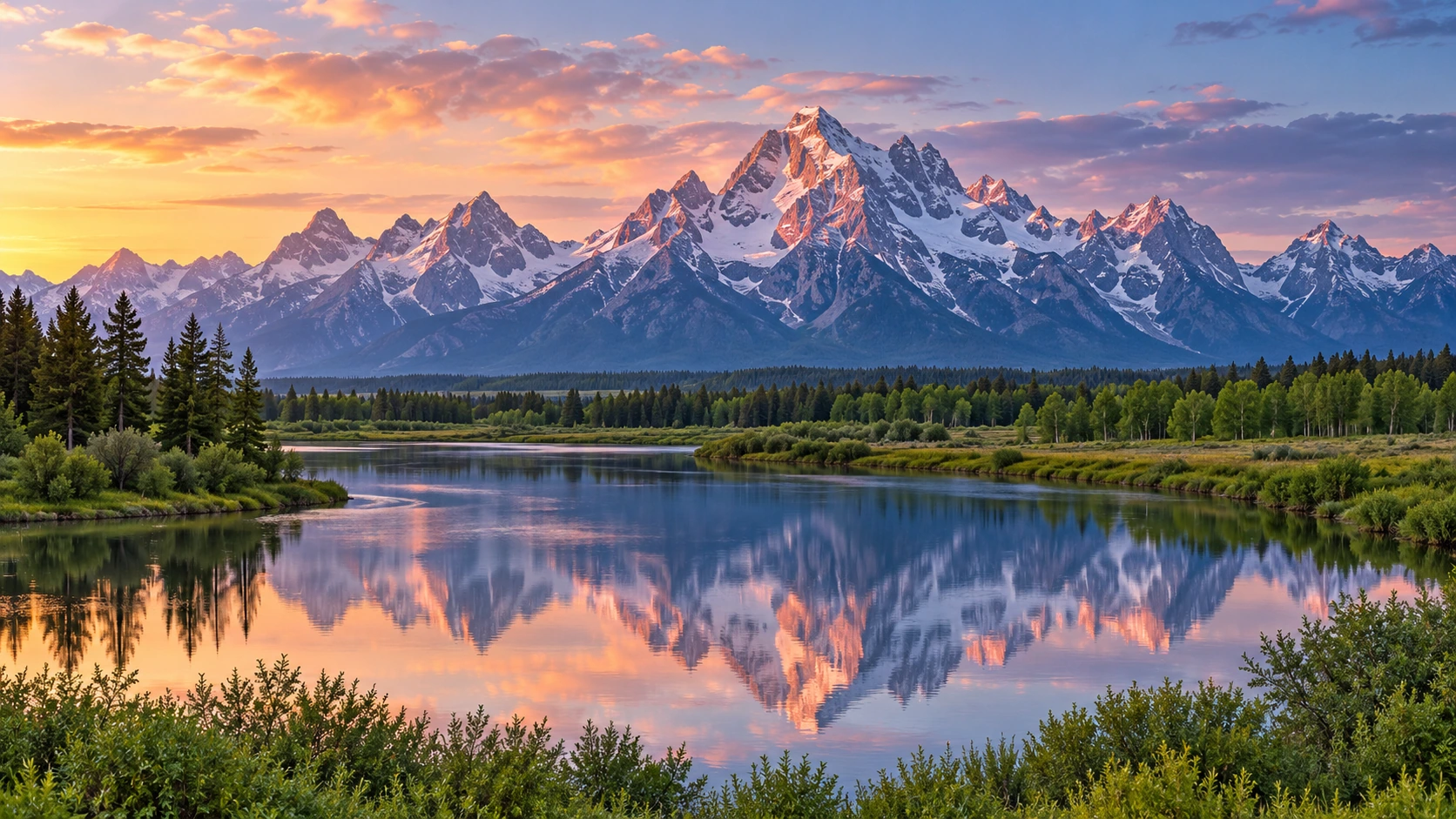 Approved artistic panoramic illustration of Grand Teton National Park, not a documentary photograph