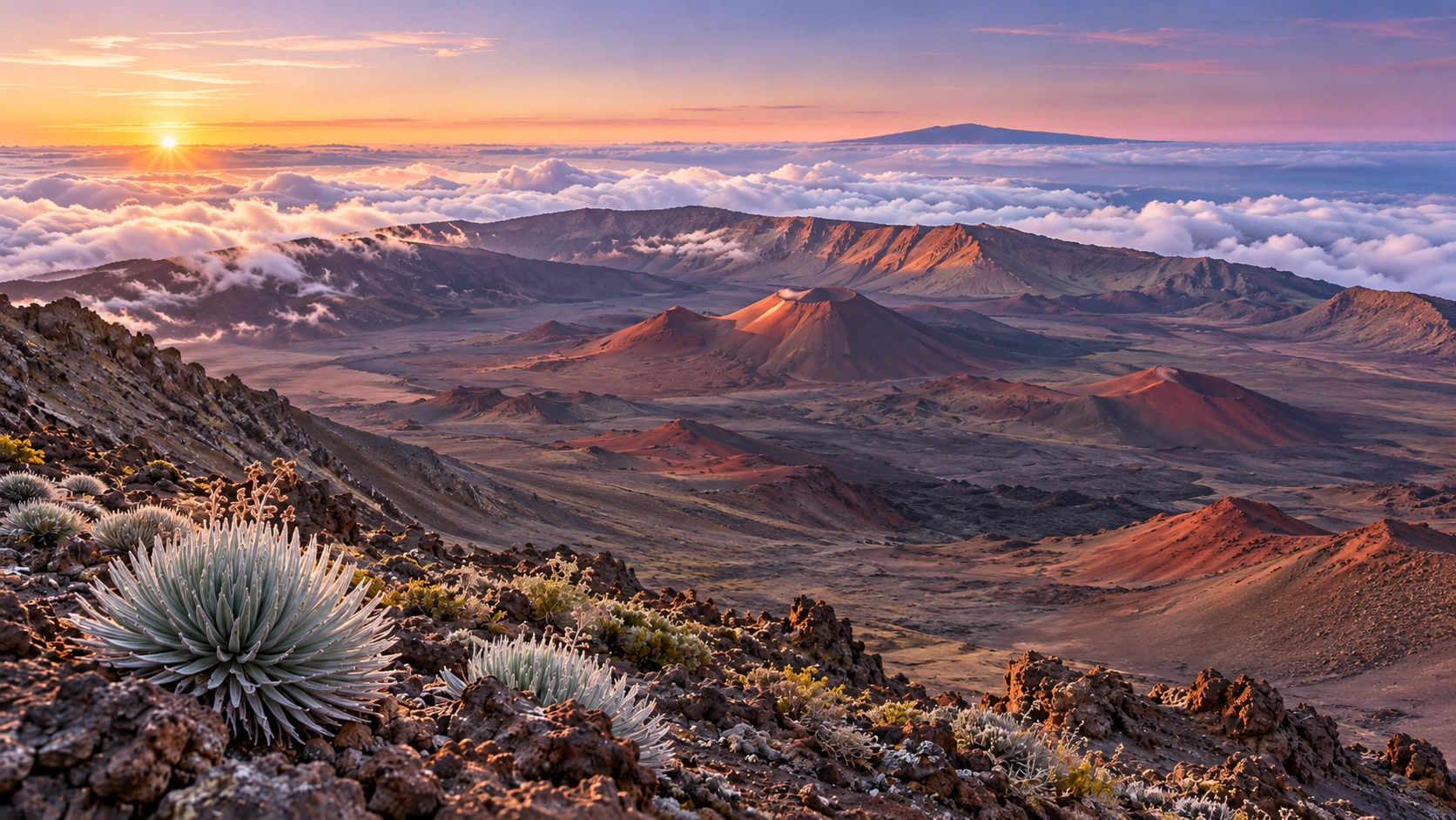 Approved artistic panorama illustrating Haleakalā National Park; not a documentary photograph