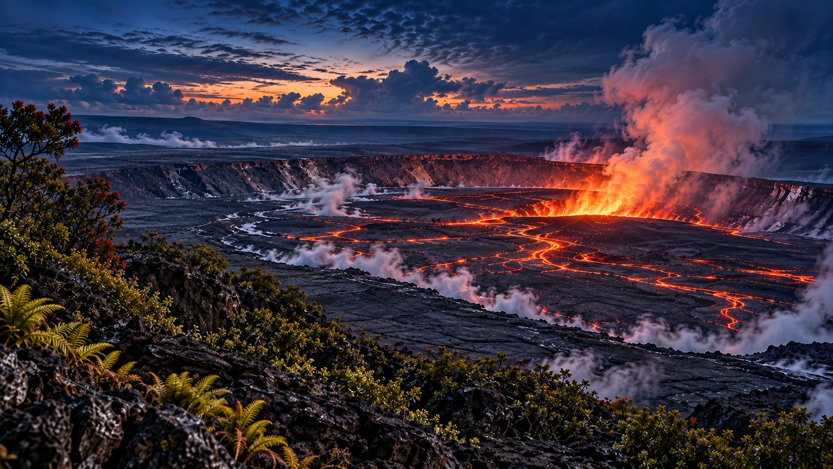 Approved artistic panorama illustrating Hawaiʻi Volcanoes National Park; not a documentary photograph