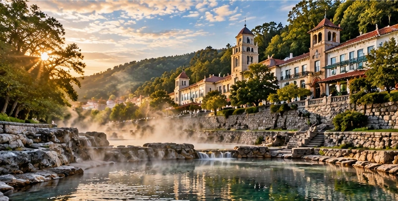 Approved artistic panoramic illustration of Hot Springs National Park, not a documentary photograph