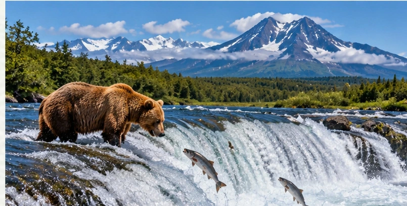 Approved artistic panoramic illustration of Katmai National Park, not a documentary photograph