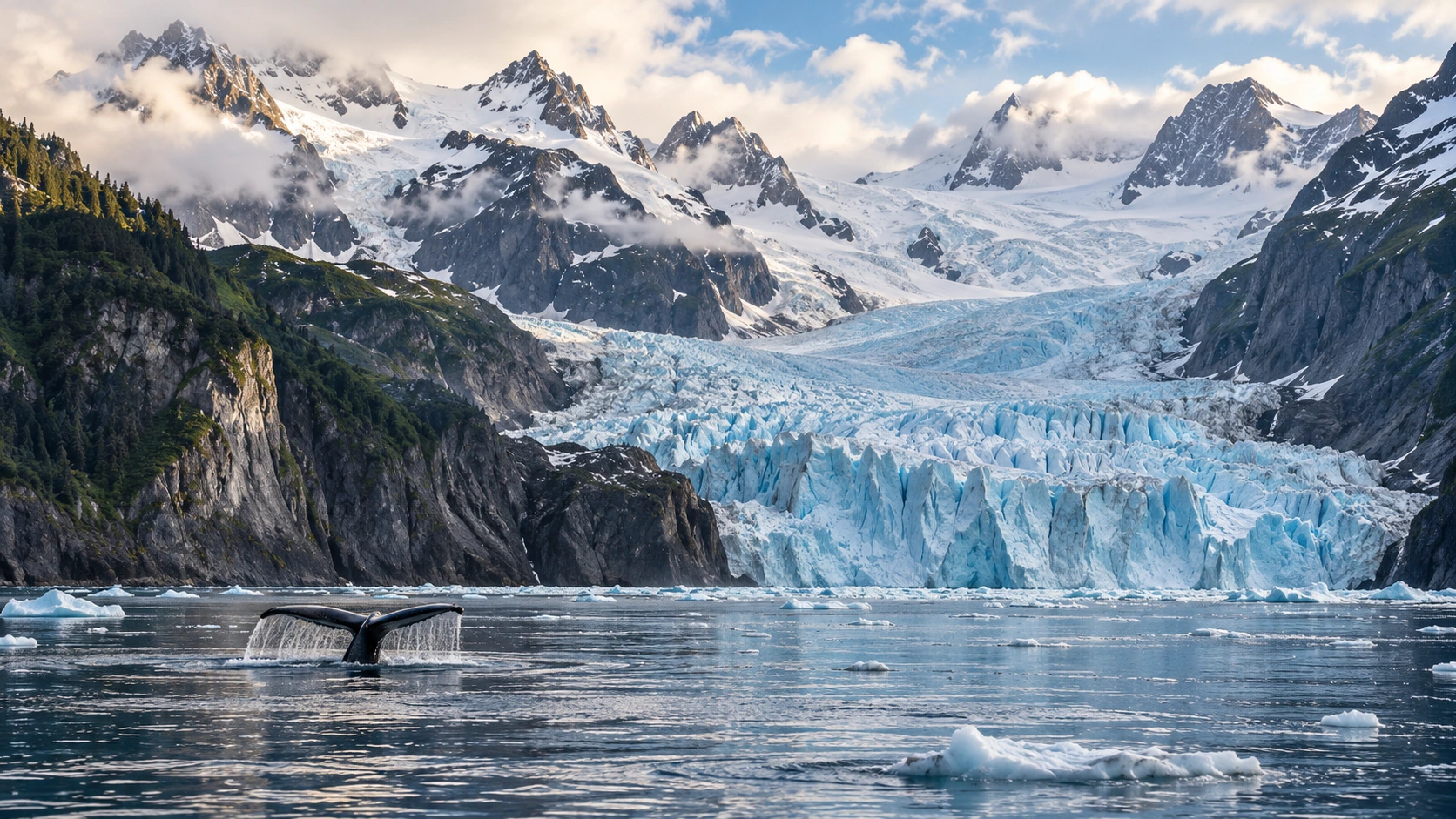 Approved artistic panoramic illustration of Kenai Fjords National Park, not a documentary photograph