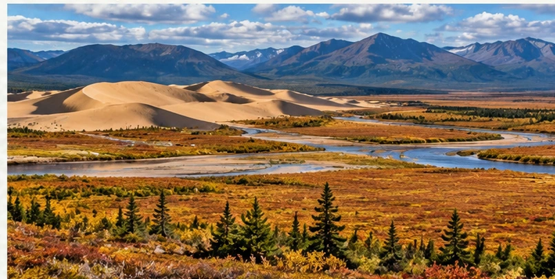 Approved artistic panoramic illustration of Kobuk Valley National Park, not a documentary photograph