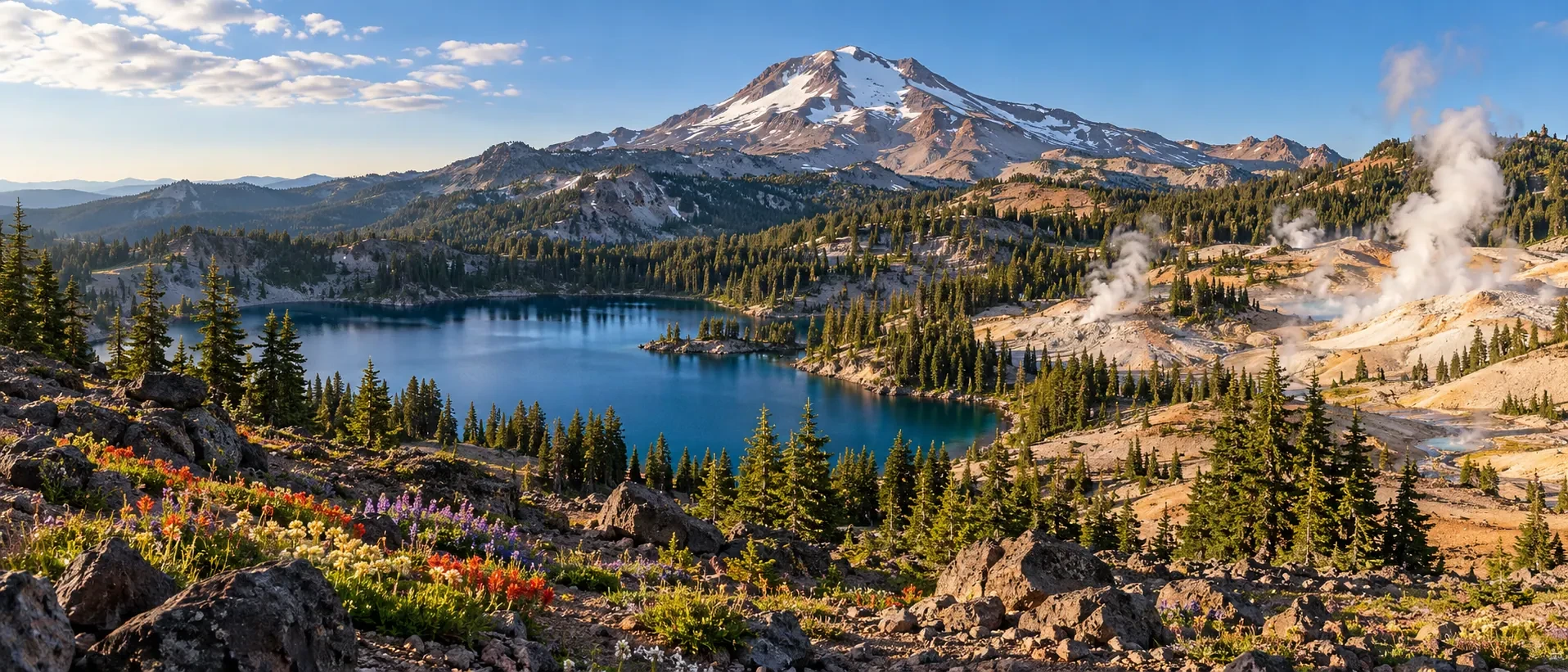 Approved artistic panorama illustrating Lassen Volcanic National Park; not a documentary photograph