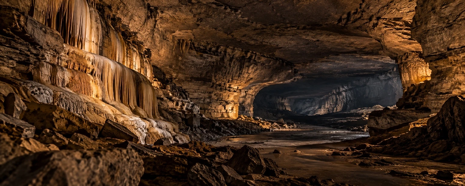 Approved artistic panorama illustrating Mammoth Cave National Park; not a documentary photograph