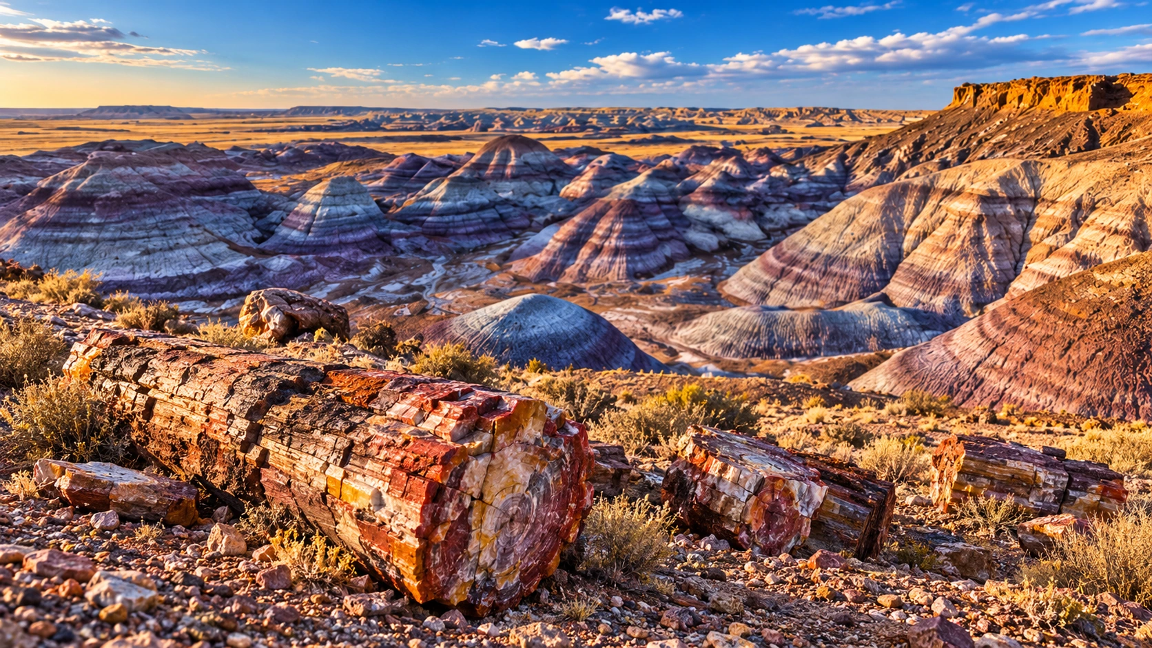 Approved artistic panoramic illustration of Petrified Forest National Park, not a documentary photograph