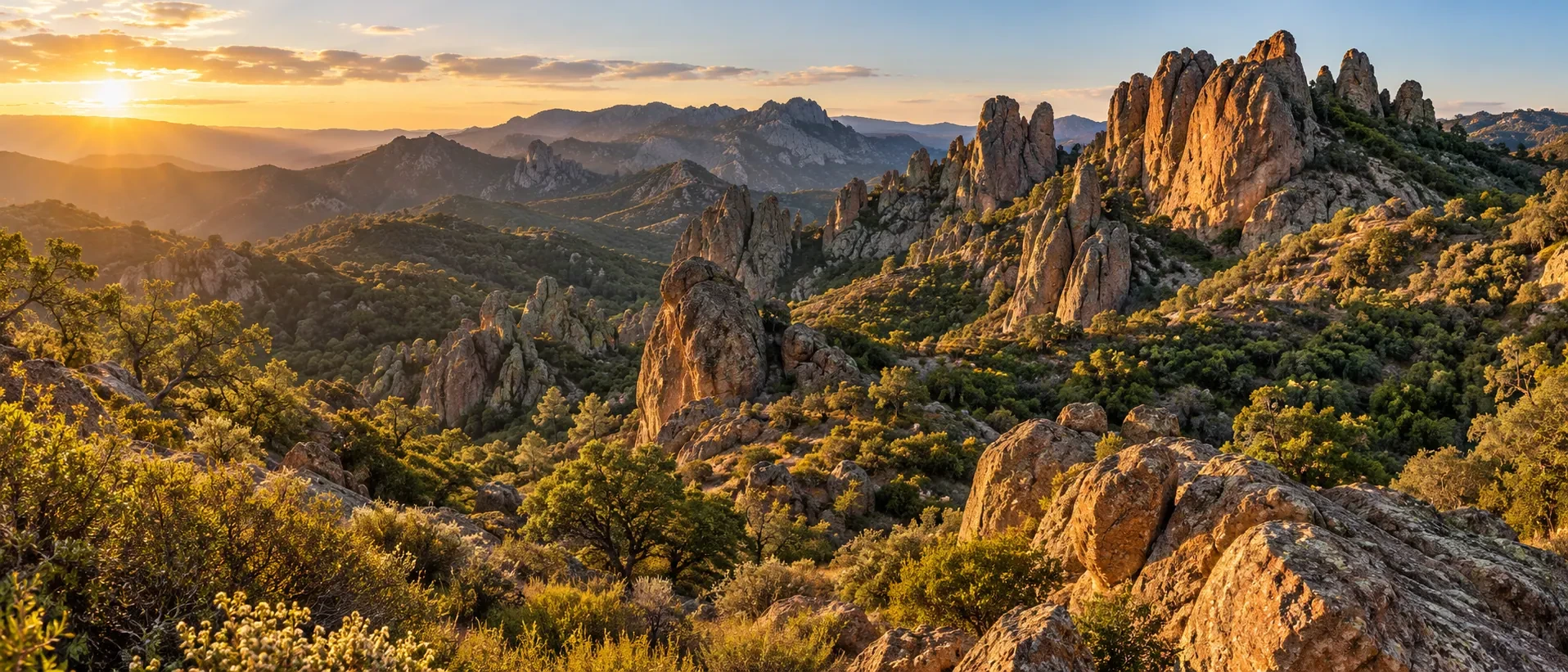 Approved artistic panorama illustrating Pinnacles National Park; not a documentary photograph
