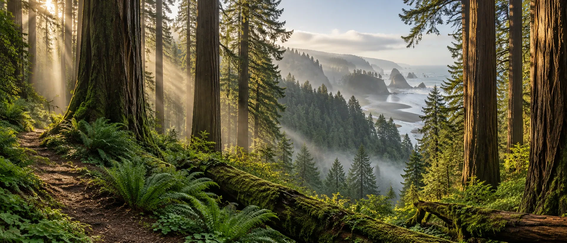 Approved artistic panorama illustrating Redwood National Park; not a documentary photograph