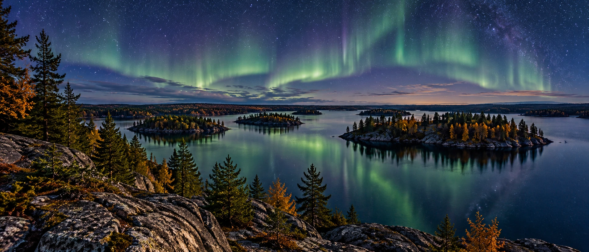 Approved artistic panorama illustrating Voyageurs National Park; not a documentary photograph