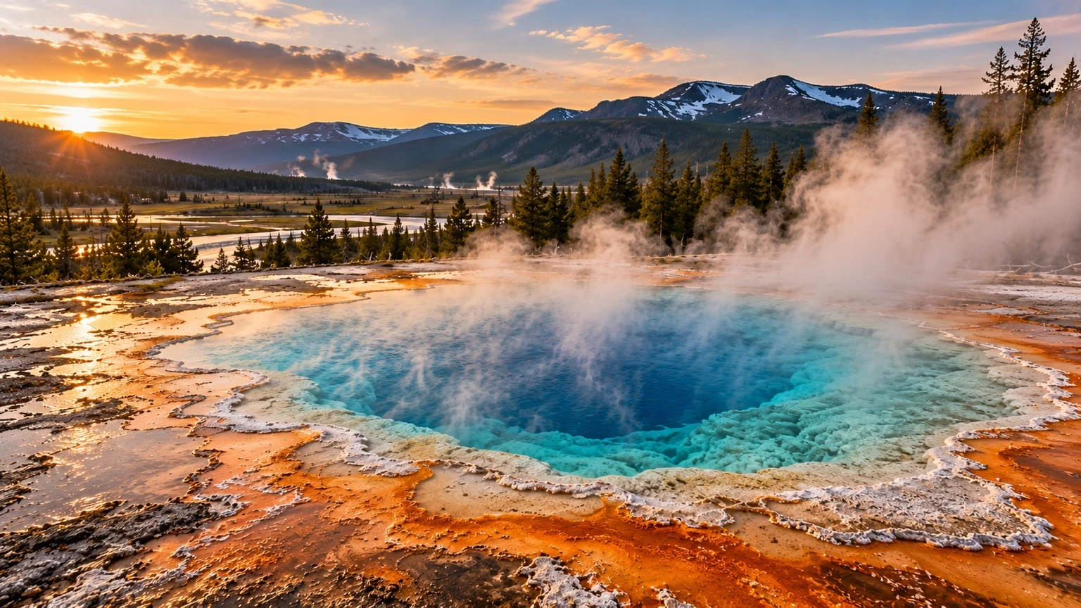 Approved artistic panorama illustrating Yellowstone National Park; not a documentary photograph